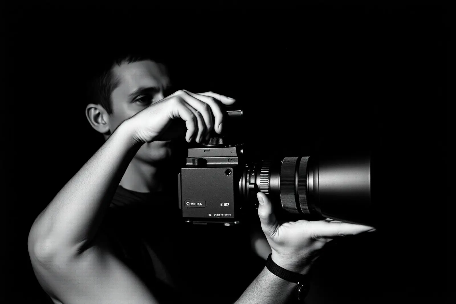 Black and white portrait of a videographer aiming a cinema camera at the lens